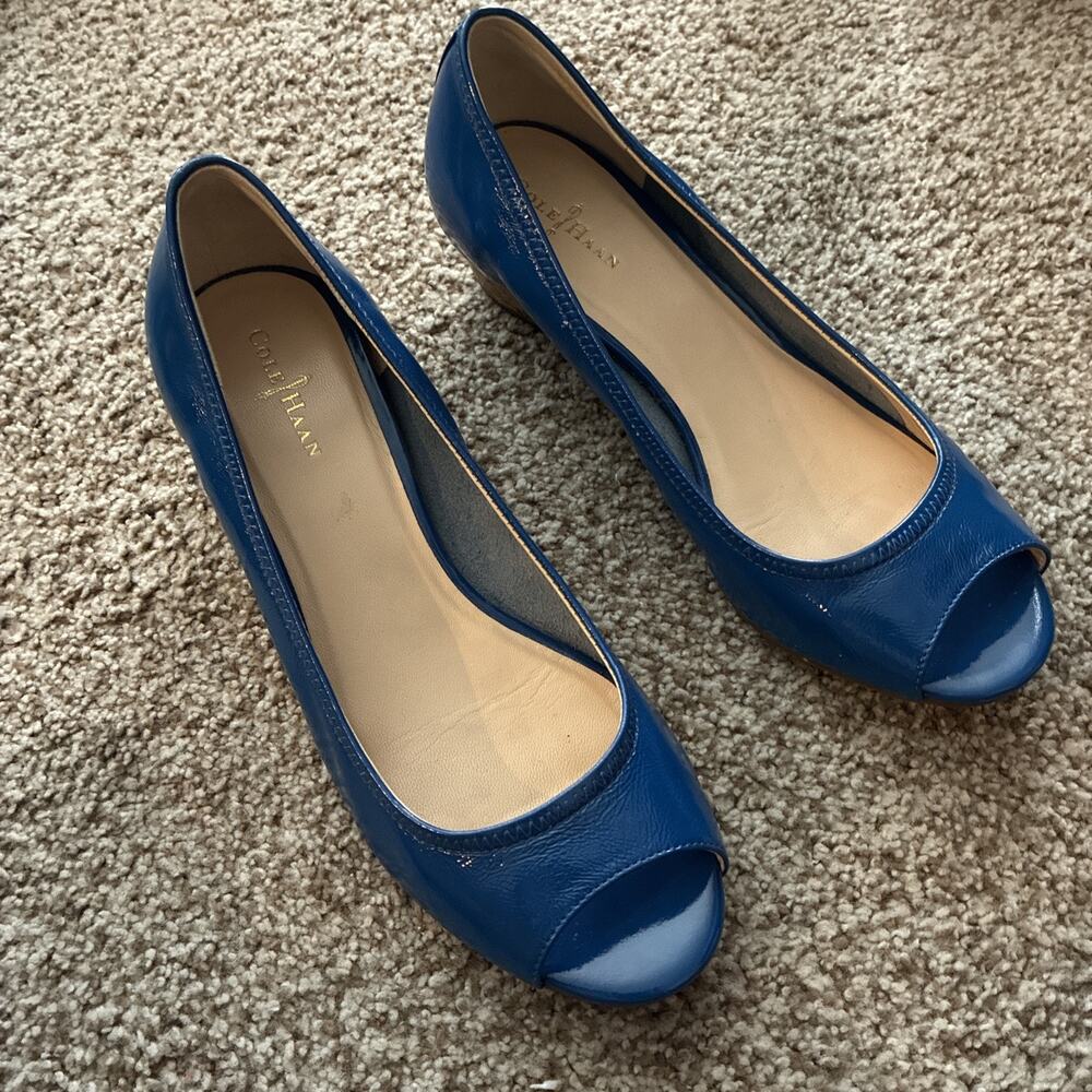 Cole Haan Nike Air Blue Patent Leather Peep Toe Cork Wedge Shoes 7.5B
